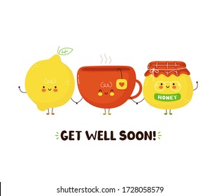 Cute happy tea cup,honey and lemon. Isolated on white background. Vector cartoon character illustration card