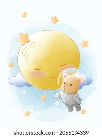 Cute happy teddy bear in an astronaut