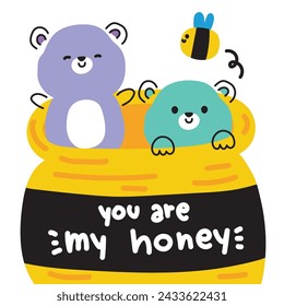 Cute happy teddy bear and bee with honey pot on white background.Line hand drawn style.Wild animal character cartoon.You are my honey.Kawaii.Vector.Illustration.