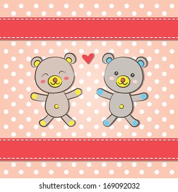 cute happy teddy bear couple on polka dot background with ribbons. vector.