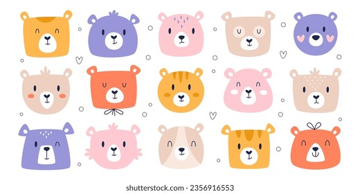 Cute happy teddy bear head hand drawn forest animal character with smile on face isolated set on white background. Funny adorable woodland wild grizzly kawaii emoji doodle vector illustration