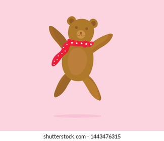 Cute happy teddy bear is jumping wearing a red and white stars scarf 