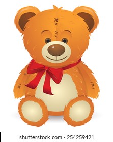 Cute happy teddy bear toy with red bow illustration.