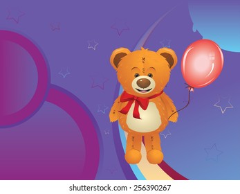 Cute happy teddy bear toy with red bow illustration.