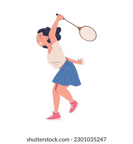 Cute happy teenage girl playing tennis. Smiling girl in white t-shirt and skirt training on court with racket cartoon vector illustration