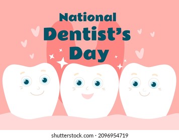 Cute and happy teeth are smiling in the mouth. Postcard National Dentist Day in cartoon flat children's style in gentle pink colors. Horizontal festive banner for web design and print.