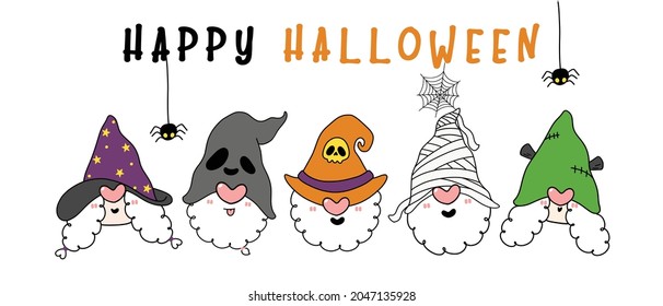 cute happy Three Gnomes Halloween heads in Halloween costume witch hats, Happy Halloween banner, cartoon character outline hand drawn