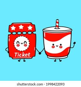 Cute happy ticket and cold drink. Isolated on blue background. Cartoon character illustration design, simple flat style. Ticket and cold drink friends concept
