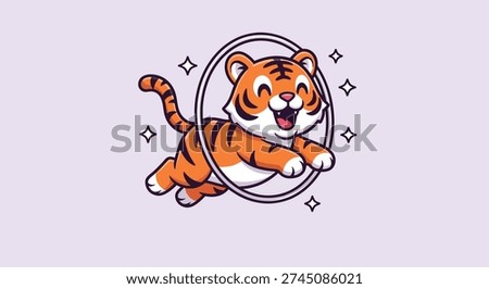 A cute and happy tiger is captured mid-jump, gracefully passing through a hoop.