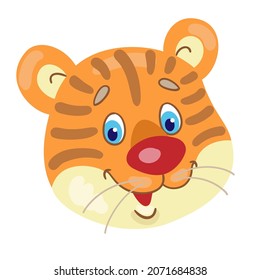 Cute Happy Tiger Cub Face. In Cartoon Style. Isolated On White Background. Vector Flat Illustration.