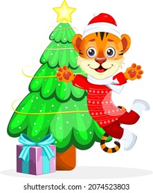 Cute, happy tiger with gift box and green 
Christmas tree. Christmas and new Year