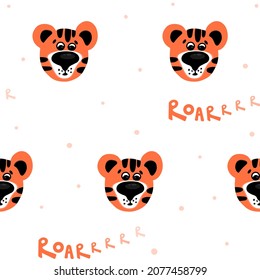 Cute happy tigers head and text on a seamless vector pattern background. Illustration template for printing on paper, fabric and wallpaper.