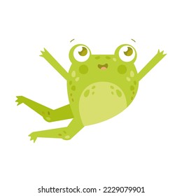 Cute happy toad or frog jumping spread paws to sides flat vector illustration. Funny drawings of green amphibian isolated on white background. Nature concept