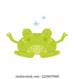 Cute happy toad or frog meditating in the lotus position flat vector illustration. Funny drawings of green amphibian isolated on white background. Nature concept