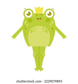 Cute happy toad standing with a crown on his head flat vector illustration. Funny drawings of green amphibian isolated on white background. Nature concept