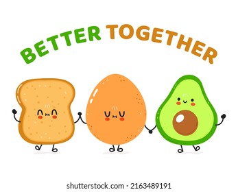 Cute happy toast, avocado and egg card. Vector hand drawn doodle style cartoon character illustration icon design. Happy cute bread  avocado and egg friends concept card