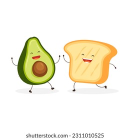 Cute happy toast bread and avocado. Happy cartoon characters. Vector illustration in trendy flat style isolated on white background.