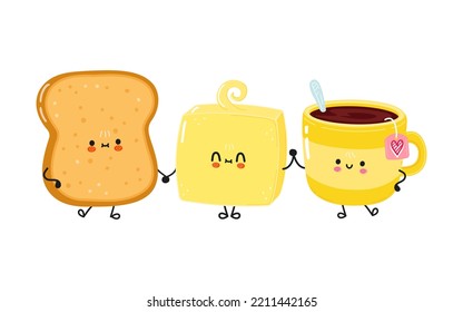 Cute happy toast cup of tea and butter card. Vector hand drawn doodle style cartoon character illustration icon design. Happy toast cup of tea and butter friends concept card