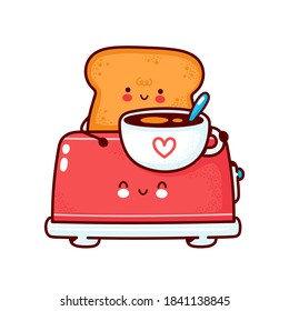 Cute happy toast in toaster with coffee mug. Vector flat line cartoon kawaii character icon. Hand drawn style illustration. Isolated on white background. Toast and toaster,coffee cute cartoon logo