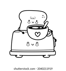 Cute happy toast in toaster with coffee mug page for coloring book. Vector flat line cartoon kawaii character icon. Hand drawn style illustration. Isolated on white background. Toast for coloring book