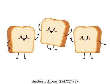 Cute happy toast. Vector cartoon character illustration icon design. Isolated on white background. Bread character design.