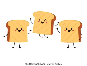 Cute happy toast. Vector cartoon character illustration icon design. Isolated on white background. Bread character design.