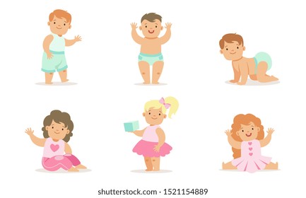 Cute Happy Toddler Babies Set, Adorable Boys and Girls Learning to Walk, Crawling, Playing with Toys Vector Illustration