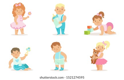 Cute Happy Toddler Babies Set, Adorable Cheerful Boys and Girls Learning to Walk, Crawling, Playing with Toys Vector Illustration