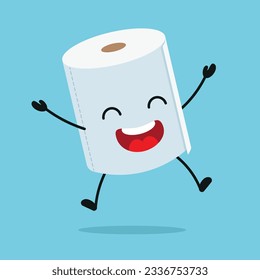 Cute happy toilet paper character. Funny winning celebration jump tissue cartoon emoticon in flat style emoji vector illustration