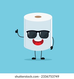  Cute happy toilet paper character wear sunglasses. Funny tissue greet friend cartoon emoticon in flat style emoji vector illustration