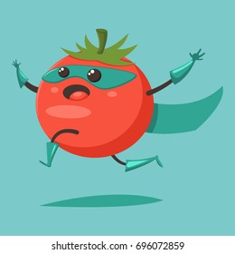 Cute happy Tomato cartoon character of a vegetable in a superhero costume, mask and cloak. Vector concept illustration in a flat style for a healthy eating and lifestyle.