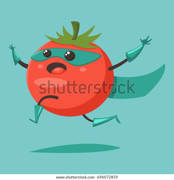 スーパーヒーローの衣装 マスク マントを着た野菜のかわいい幸せなトマト の漫画のキャラクター 健康的な食べ物やライフスタイルを表現した 平らなベクター画像コンセプトイラスト のベクター画像素材 ロイヤリティフリー
