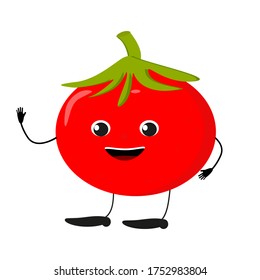 Cute happy tomato characters. Vector flat illustration isolated on white background. Doodle character cartoon tomato. Vegan vector icon. Vegetarian healthy food. Funny cartoon character.