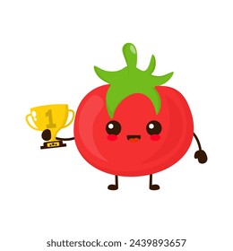 Cute happy tomato fruit with gold trophy. Vector flat fruit cartoon character illustration icon design