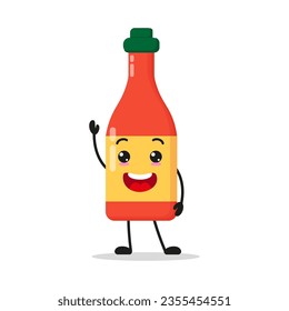 Cute happy tomato sauce bottle character. Smiling and greet tomato sauce cartoon emoticon in flat style. food vector illustration