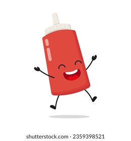 Cute happy tomato sauce bottle character. Funny victory jump celebration food cartoon emoticon in flat style. tomato sauce bottle emoji vector illustration