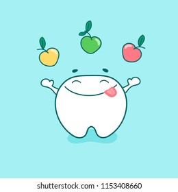Cute happy tooth character with apples. Vector illustration in cartoon style.