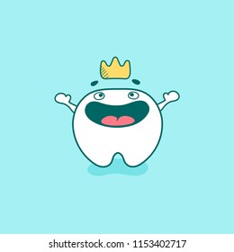 Cute happy tooth character with crown. Vector illustration in cartoon style.