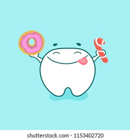 Cute happy tooth character with donut and lollipop. Vector illustration in cartoon style.