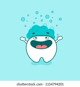 Cute happy tooth character in foam taking a bath. Vector illustration in cartoon style.