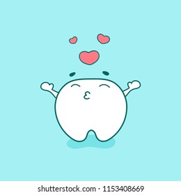 Cute happy tooth character in love. Vector illustration in cartoon style.