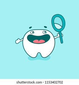 Cute happy tooth character with mirror. Vector illustration in cartoon style.
