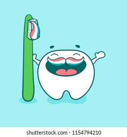 Cute happy tooth character with toothbrush and mustache from toothpaste. Vector illustration in cartoon style.