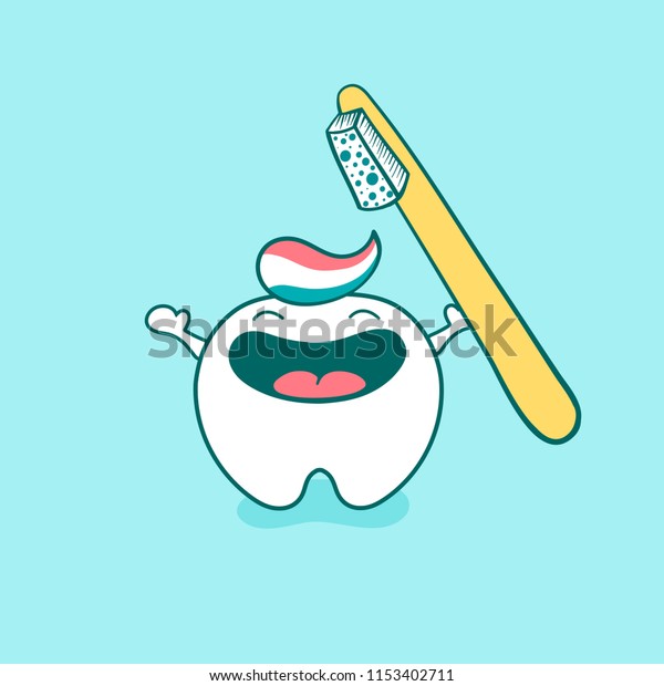 Cute Happy Tooth Character With Toothbrush And Toothpaste Vector