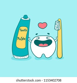 Cute happy tooth character with toothpaste and toothbrush. Vector illustration in cartoon style.