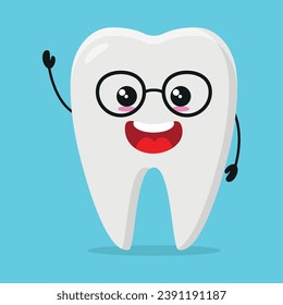 Cute happy tooth character wear eyeglasses. Smiling and greet teeth cartoon emoticon in flat style. closet vector illustration