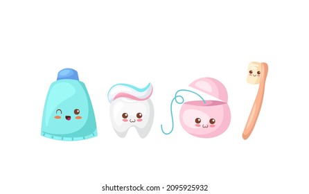 Cute happy tooth with colorful toothpaste, dental floss and toothbrush. Healthy teeth concept. Cartoon vector illustration. Use for children poster, card. Adorable comic oral hygiene design elements.
