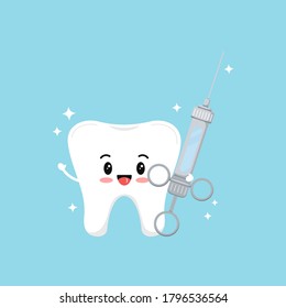 Cute happy tooth with dental syringe tool icon isolated on blue background. White kawaii tooth emoji sign with stomatology surgery instrument in hand vector flat design cartoon style illustration.