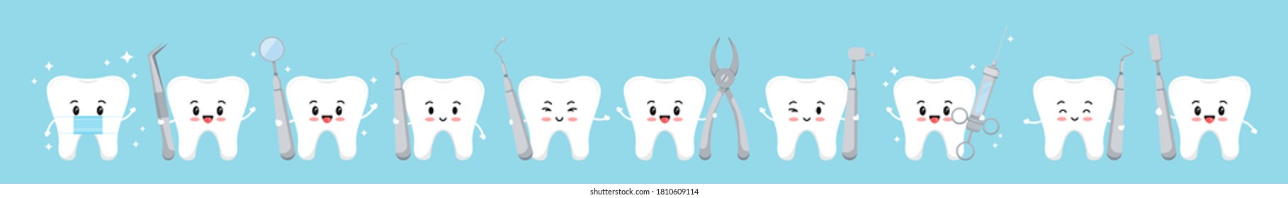 Cute happy tooth with mask and dental tools icons set isolated on blue background. White sweet teeth emoji sign with stomatology instruments in hands vector flat design cartoon style illustration.