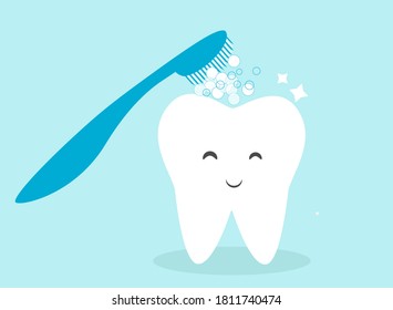 Cute happy tooth with toothbrush vector illustration. Toothbrushing concept. 